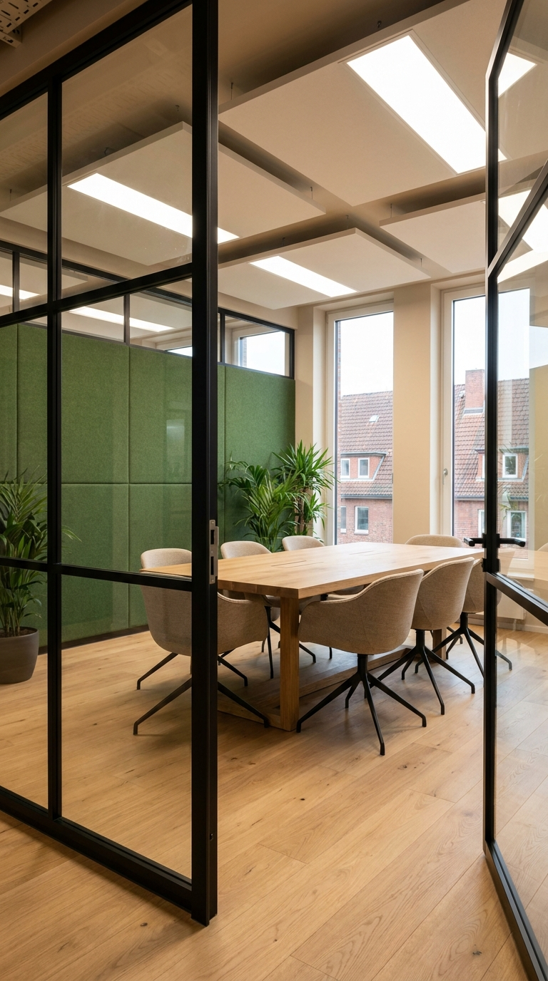 Besprechungsraum mit Akustikwand und Stahl-Glas-Trennwand