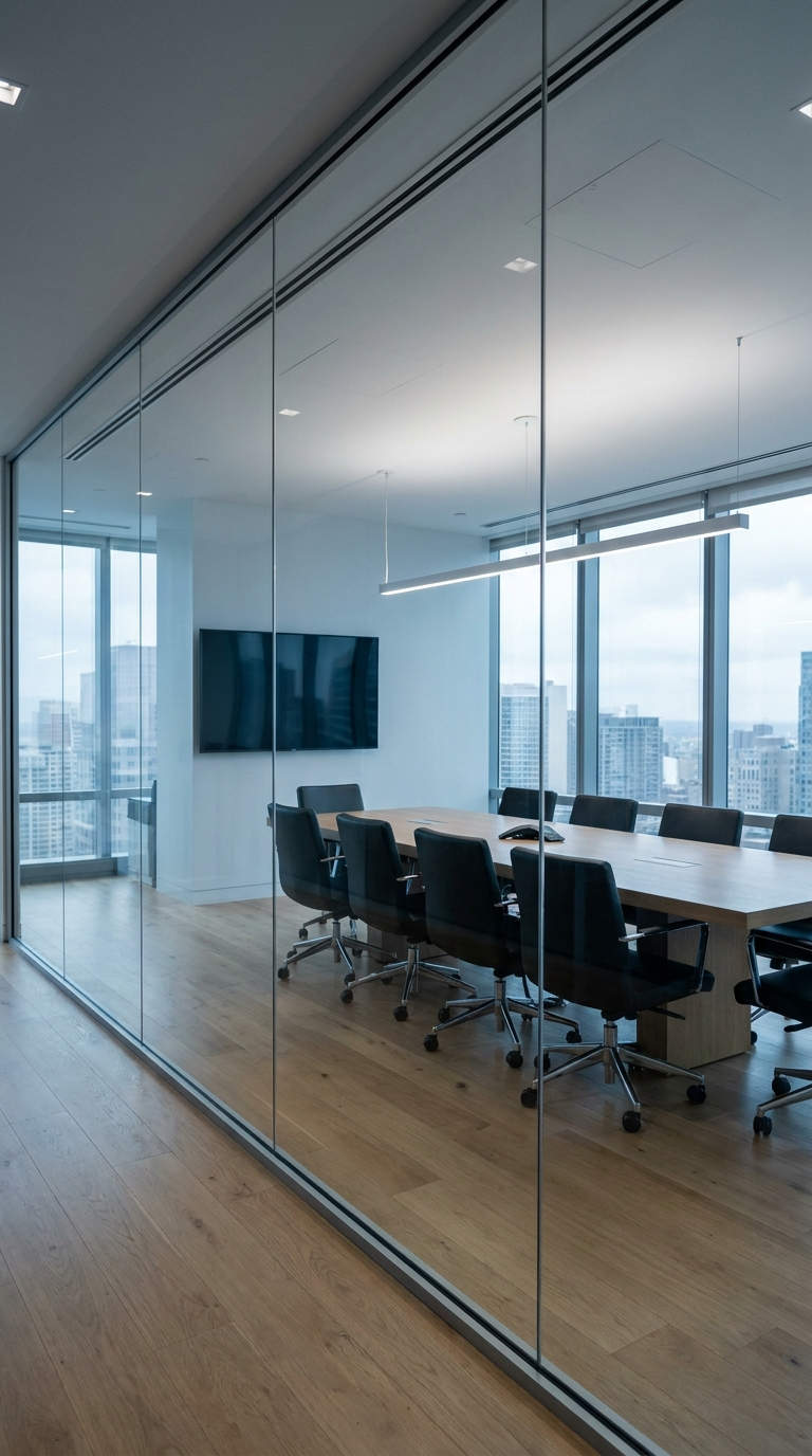 Konferenzraum mit Glasfront und Skyline-Blick