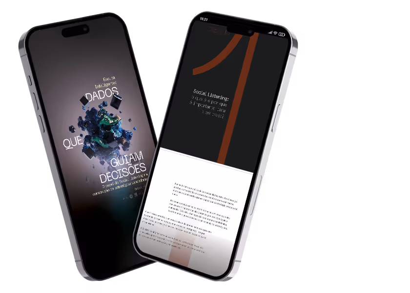Dois smartphones exibindo textos; um com a frase 'Dados que guiam decisões' e outro com texto sobre 'Social Listening'.