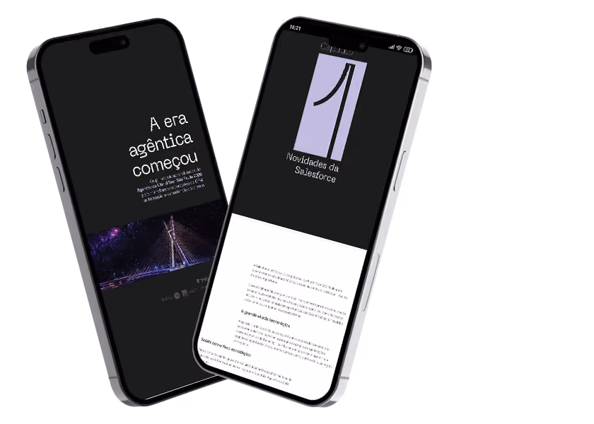 Dois smartphones exibindo textos em português sobre Salesforce e era agêntica, com ponte iluminada.