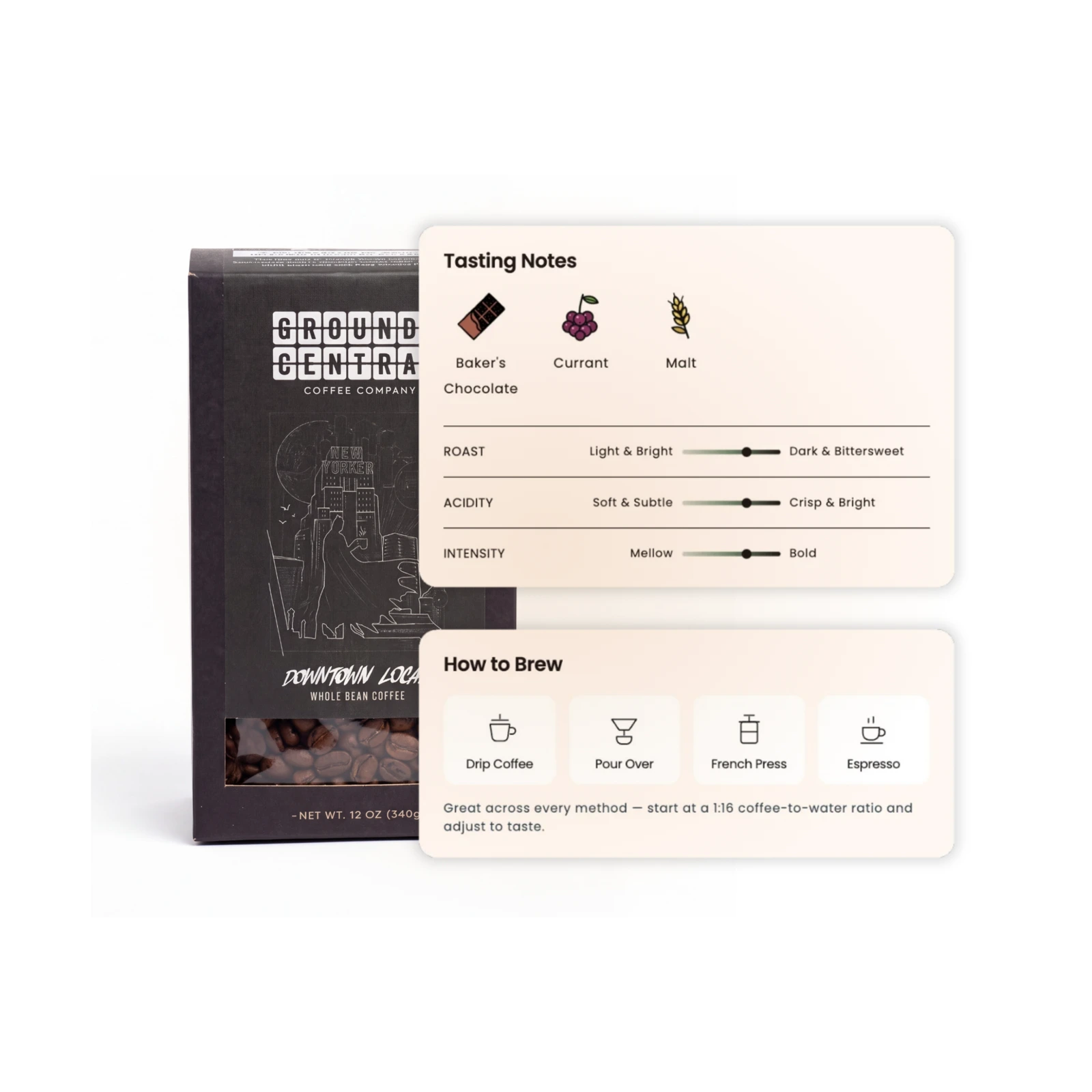 Downtown Local coffee bag with tasting notes, roast scales and brewing guide