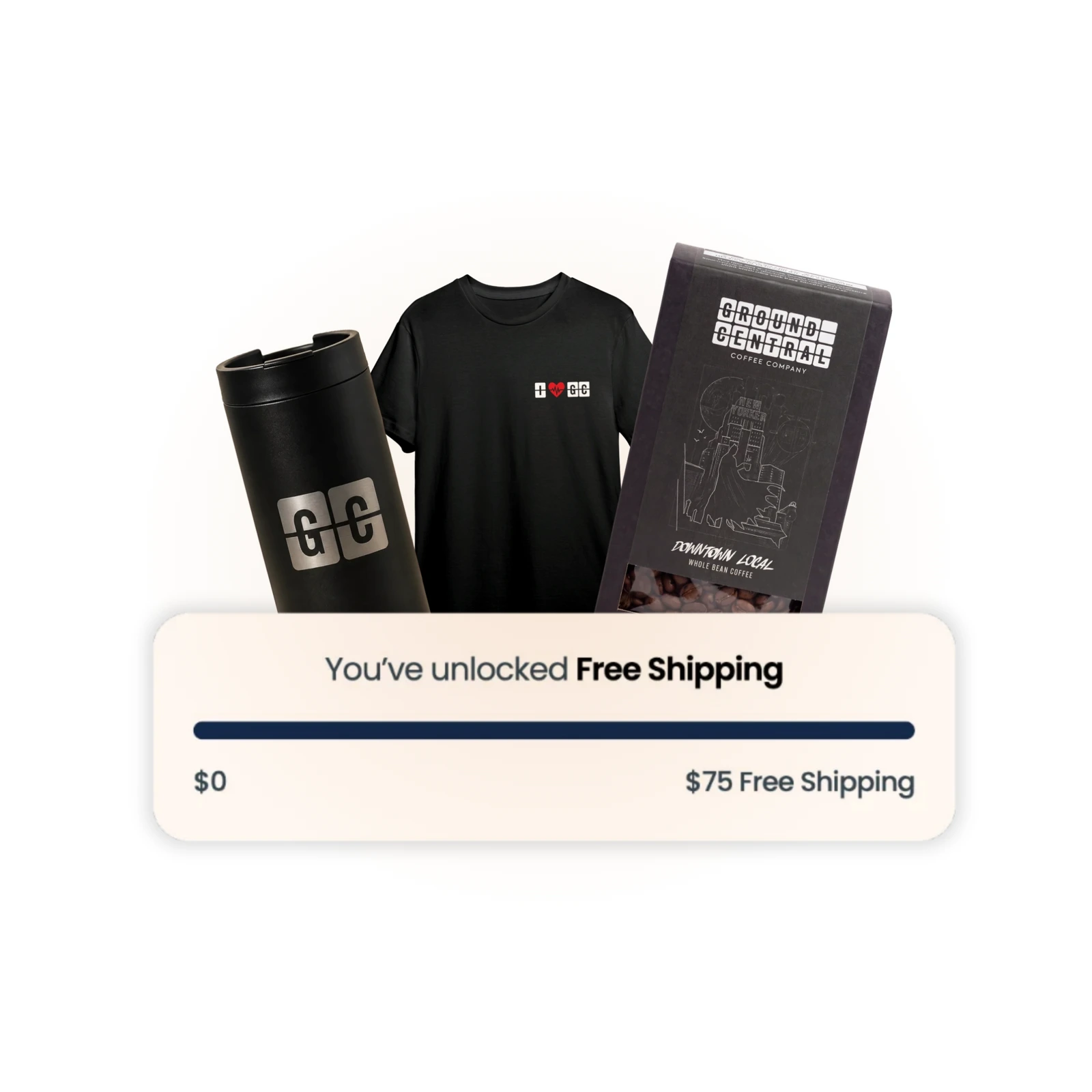 GC tumbler, t-shirt and coffee bag above a free shipping progress bar