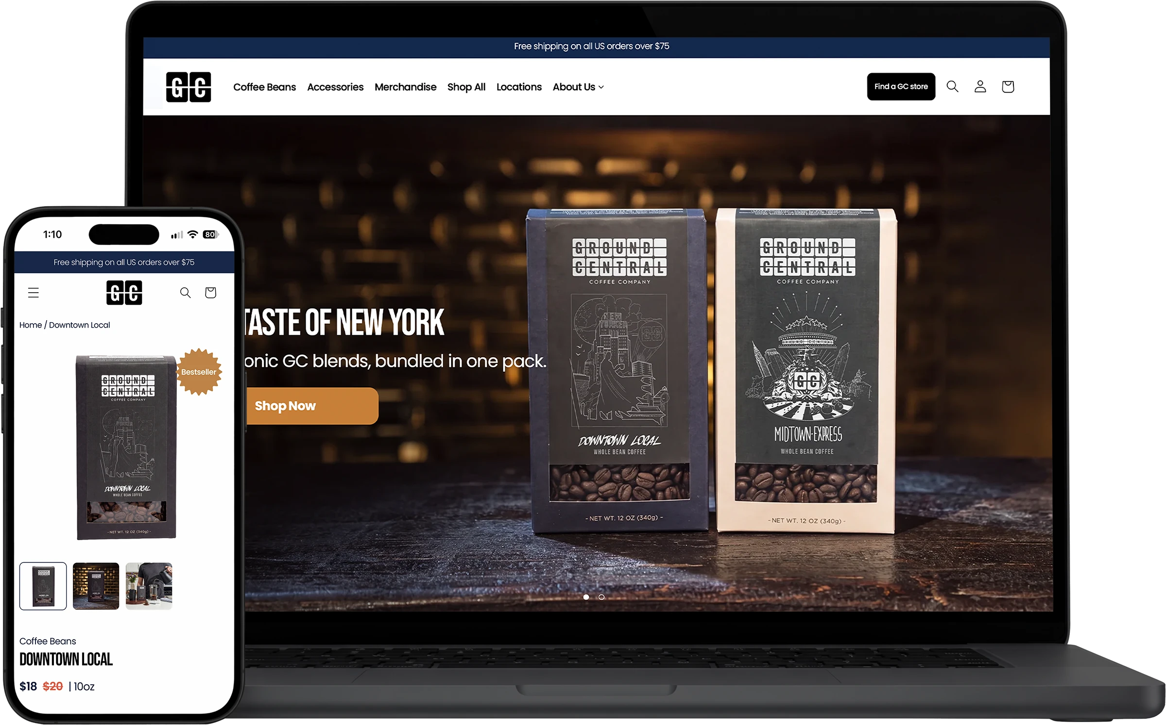Ground Central Shopify website on MacBook and iPhone, designed by Afluo
