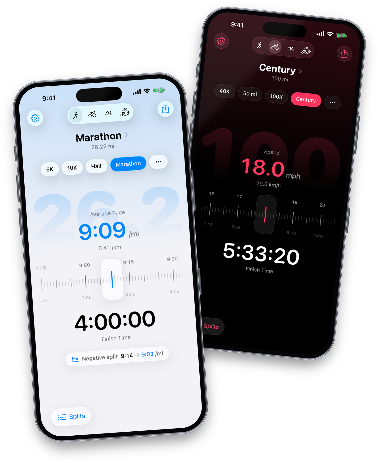 Race Pacer iOS app on two iPhones: the running pace dial and the cycling speed dial in dark mode