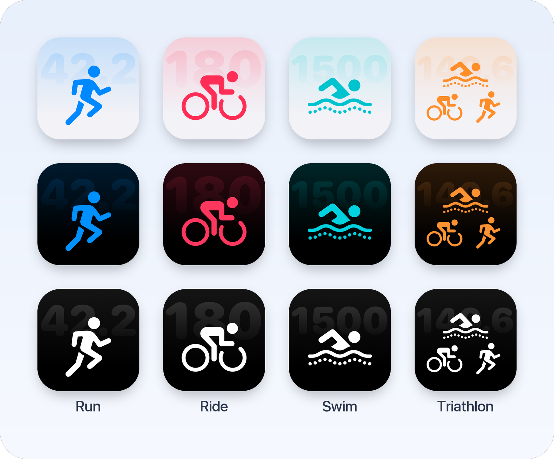 Race Pacer app icons for run, ride, swim and triathlon in light, dark and tinted