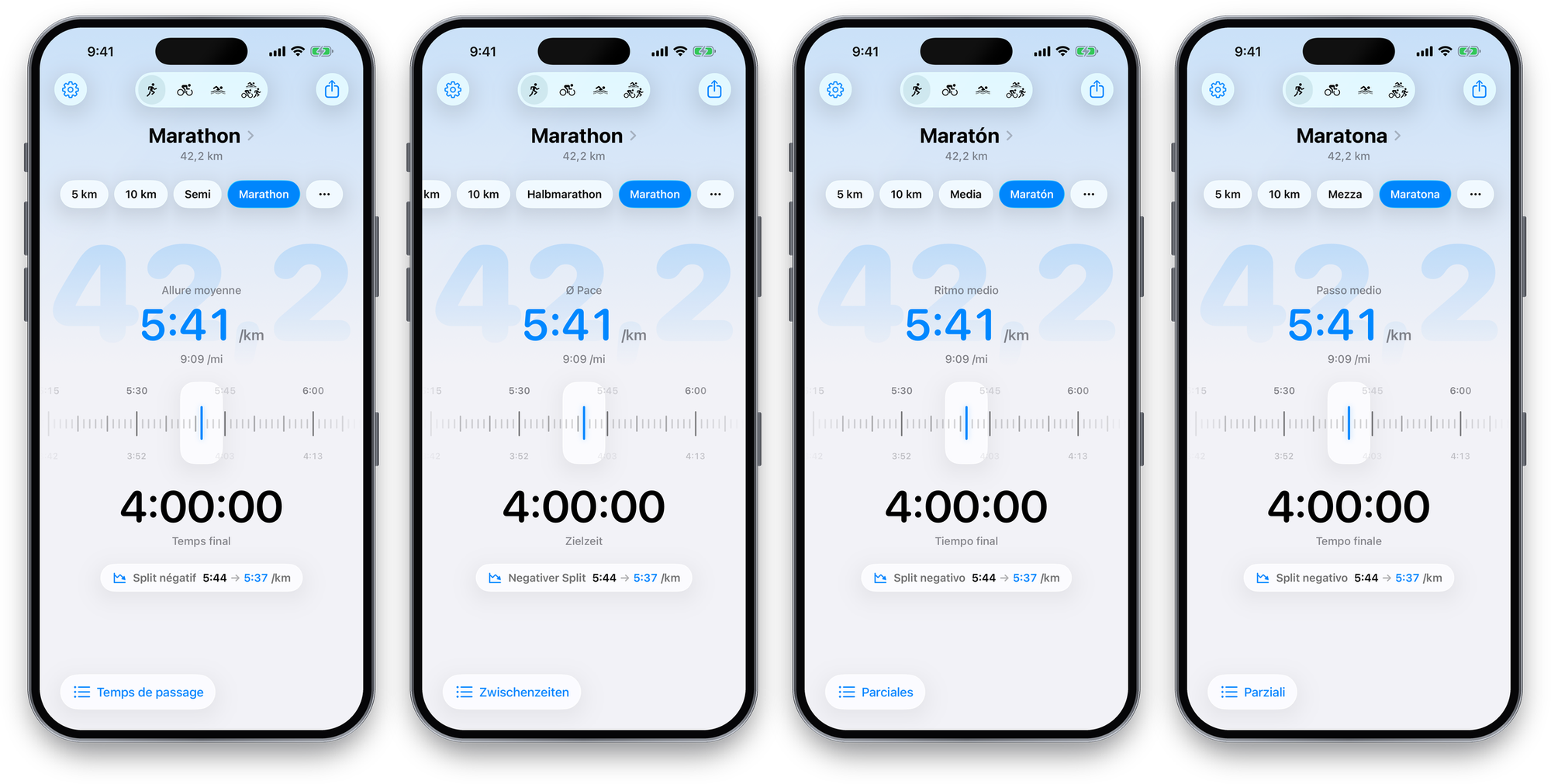 Race Pacer pace dial in French, German, Spanish and Italian