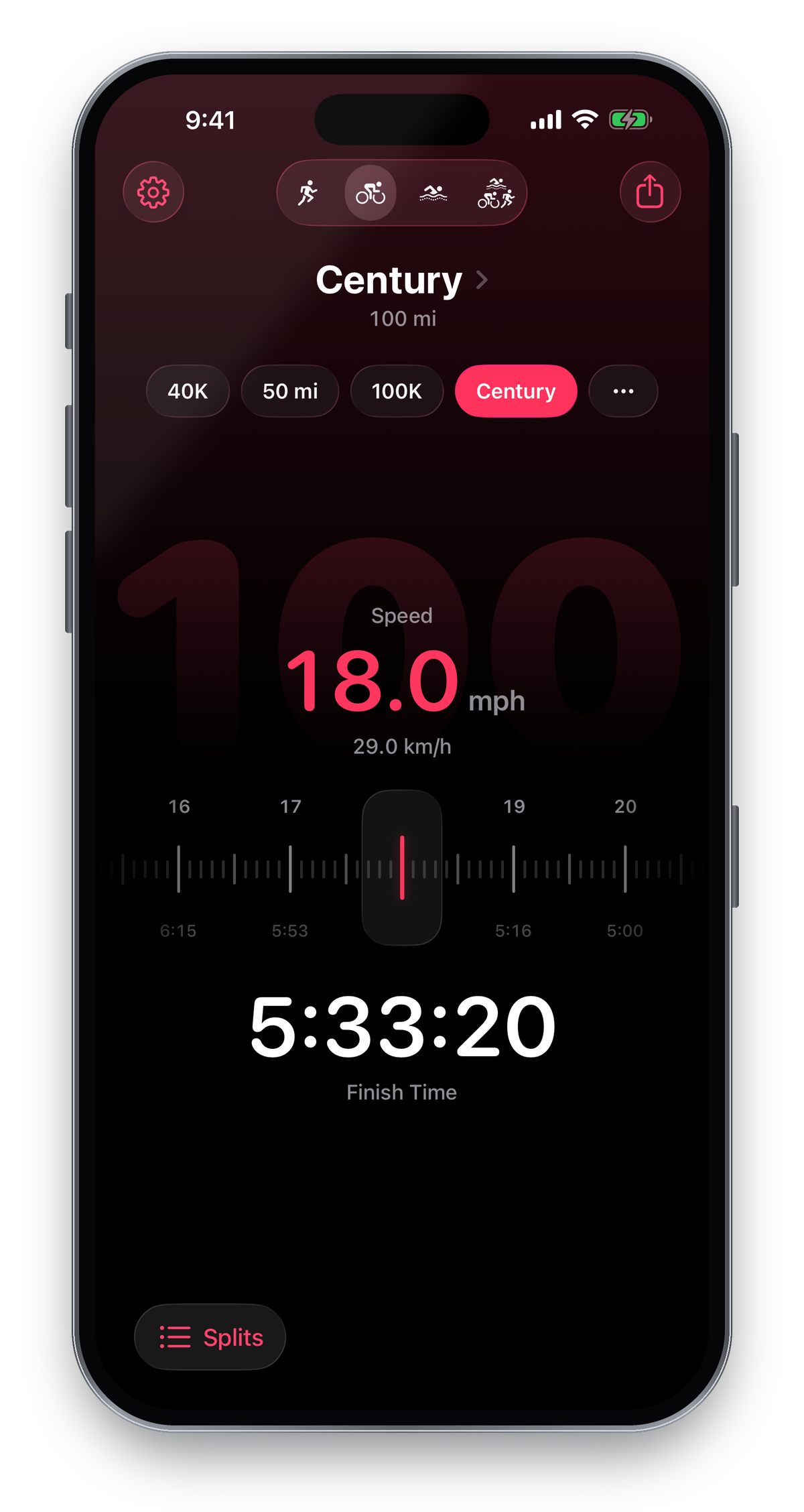 Race Pacer cycling speed dial in dark mode