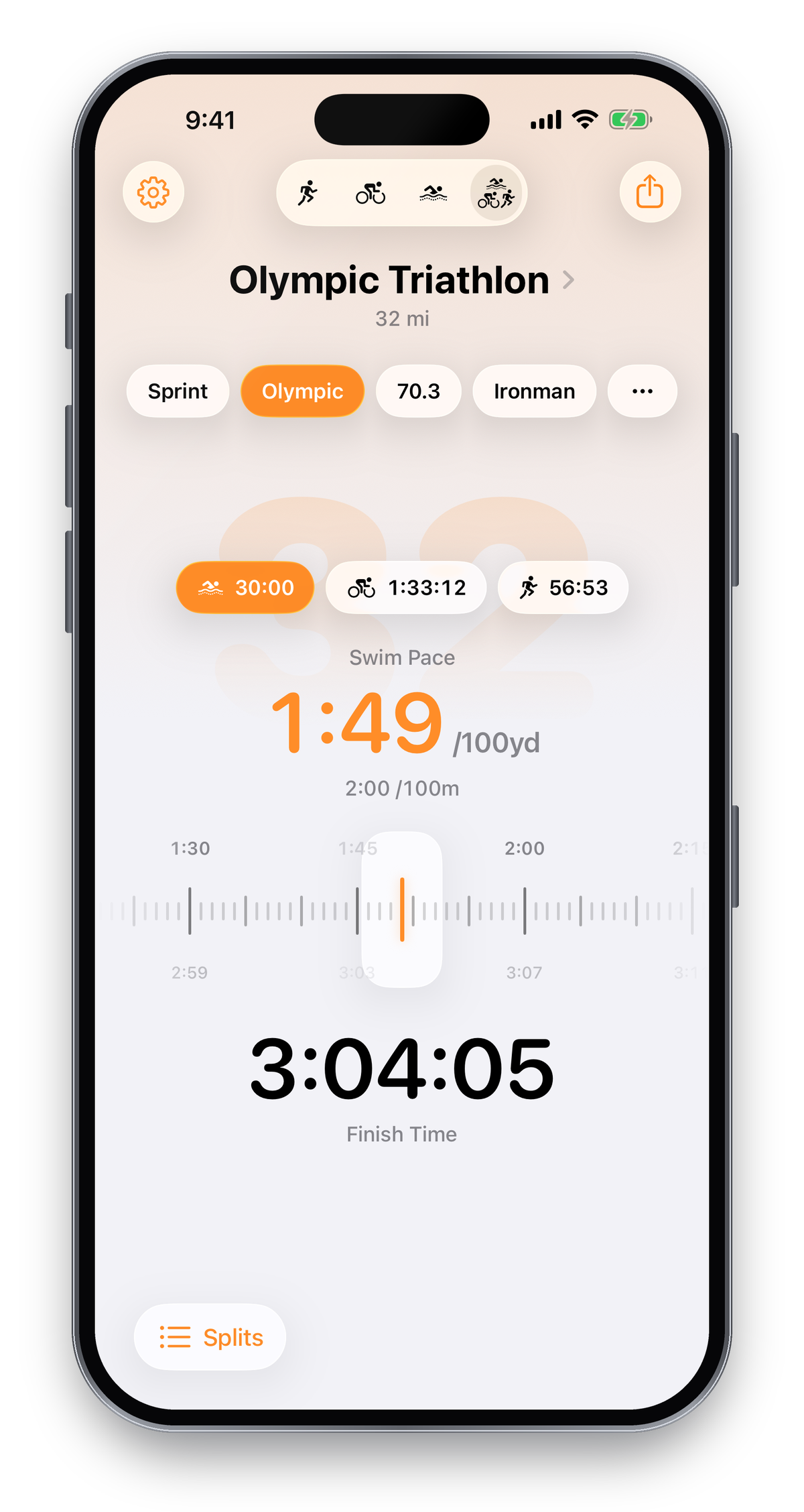 Race Pacer Olympic triathlon screen with swim, bike and run legs