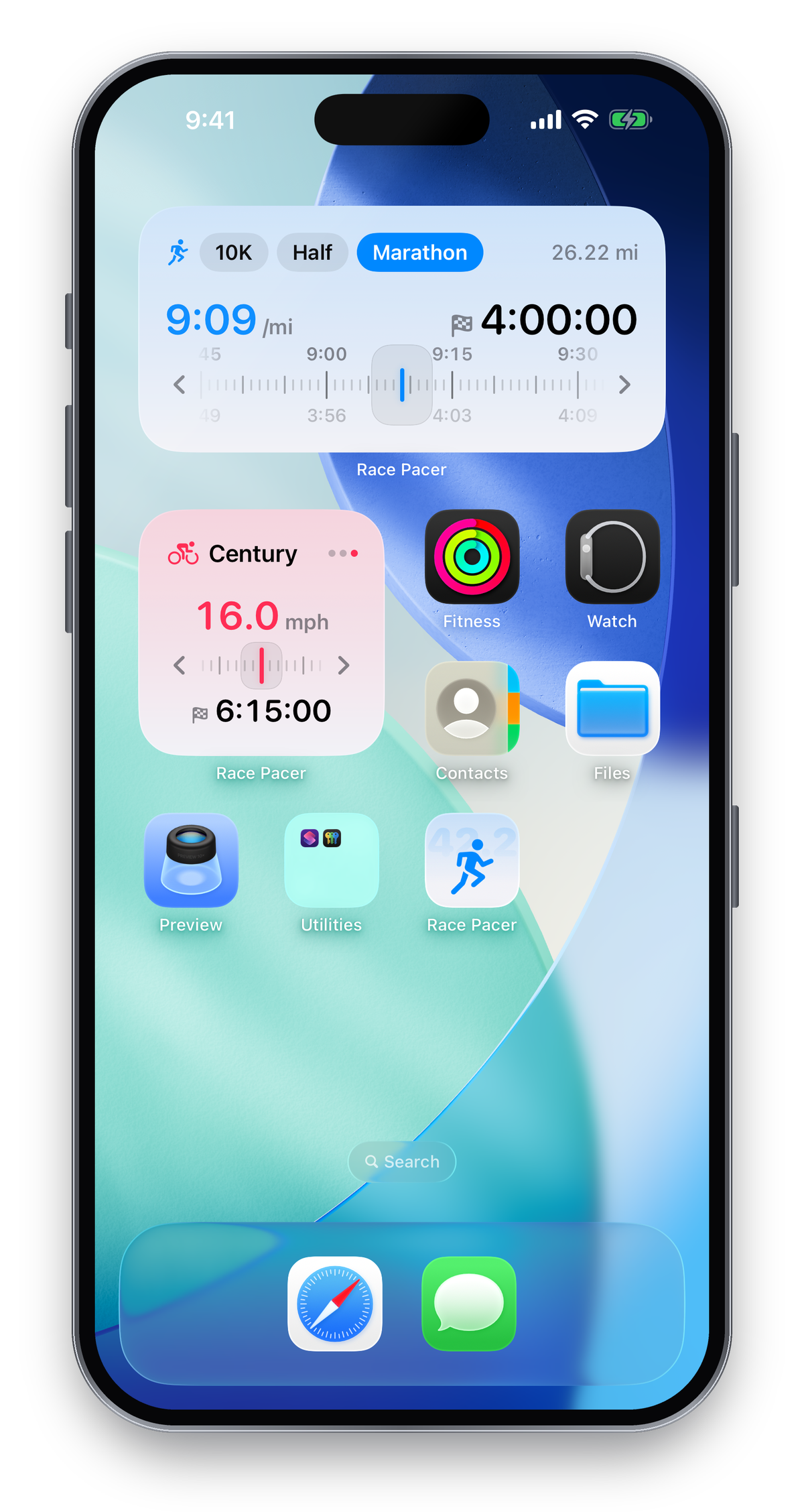 Race Pacer small and medium Home Screen widgets on iOS 26