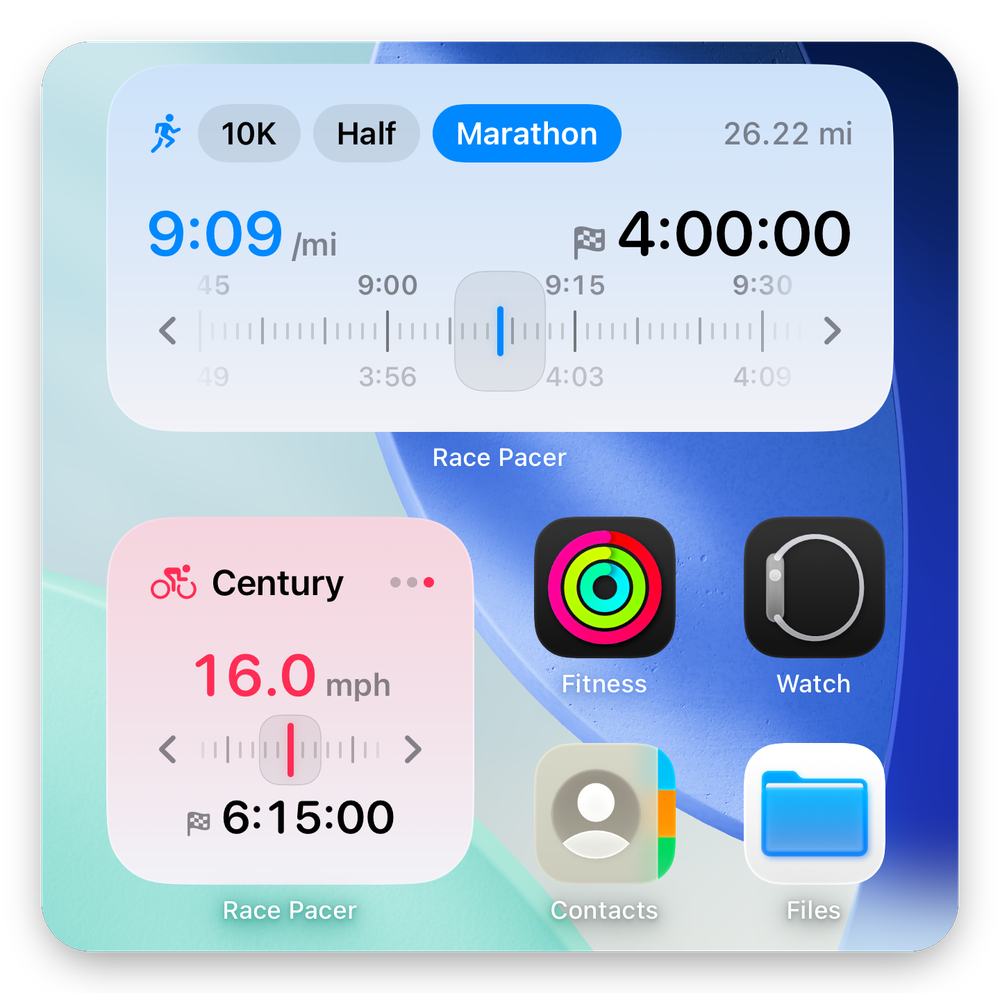 Race Pacer running and cycling widgets on a light iOS 26 Home Screen