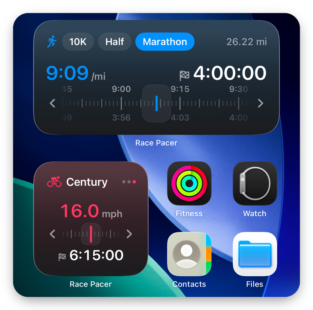 Race Pacer running and cycling widgets on a dark iOS 26 Home Screen