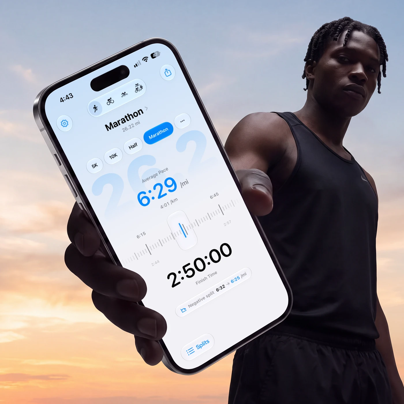 Runner holding an iPhone with the Race Pacer app, by Afluo