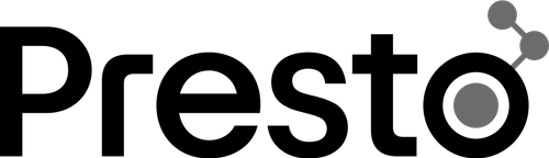 Presto software logo with stylized text and three connected dots forming a triangular shape on the right.