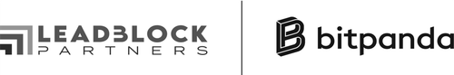 Leadblock Partners logo with geometric icon on left and bold text, next to Bitpanda logo featuring a 3D letter B and black text.