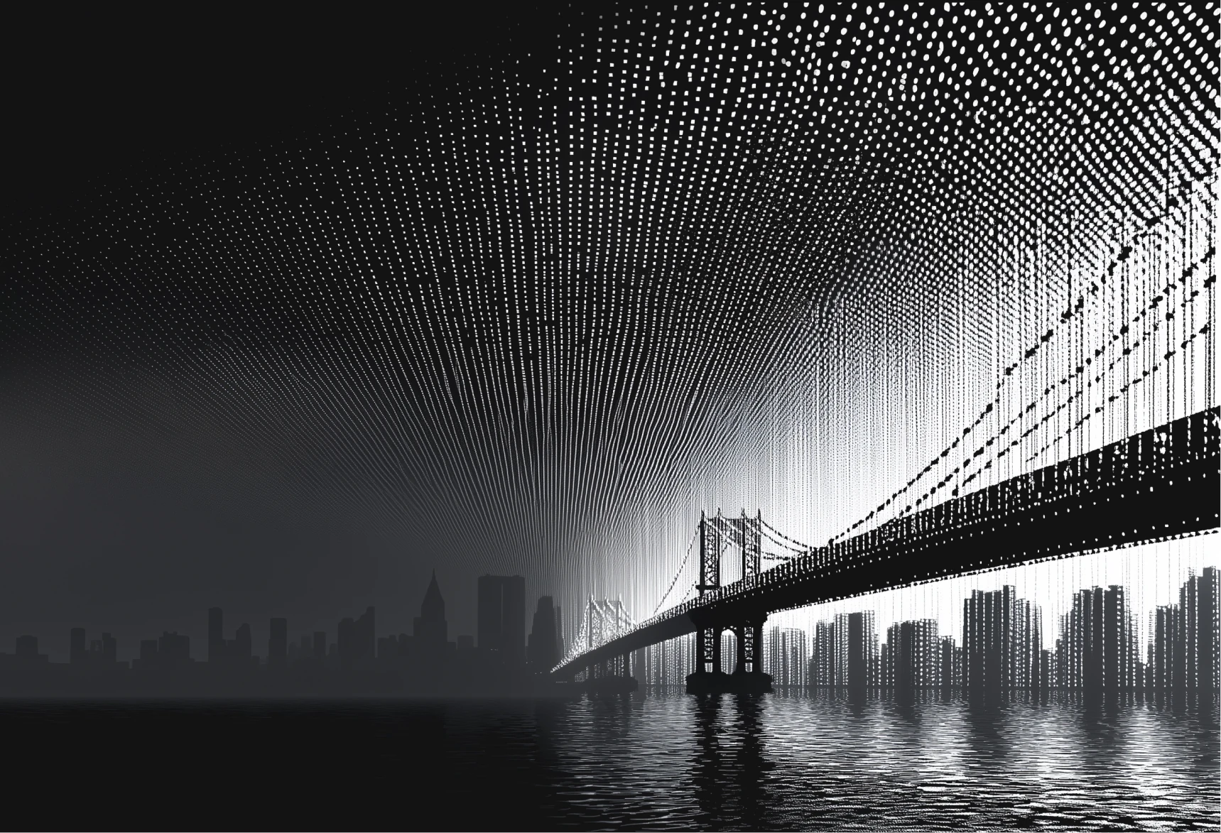 Black and white digital artwork of a suspension bridge over water with a city skyline in the background and a pattern of dots forming arches above.