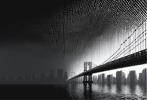 Black and white digital artwork of a suspension bridge over water with a city skyline in the background and a pattern of dots forming arches above.