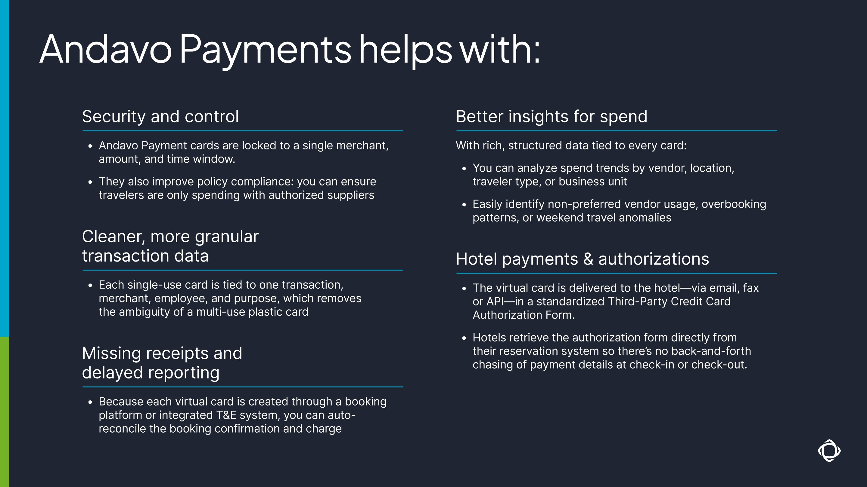 How Andavo Payments helps with security, control, cleaner data, spend insights, and authorizations