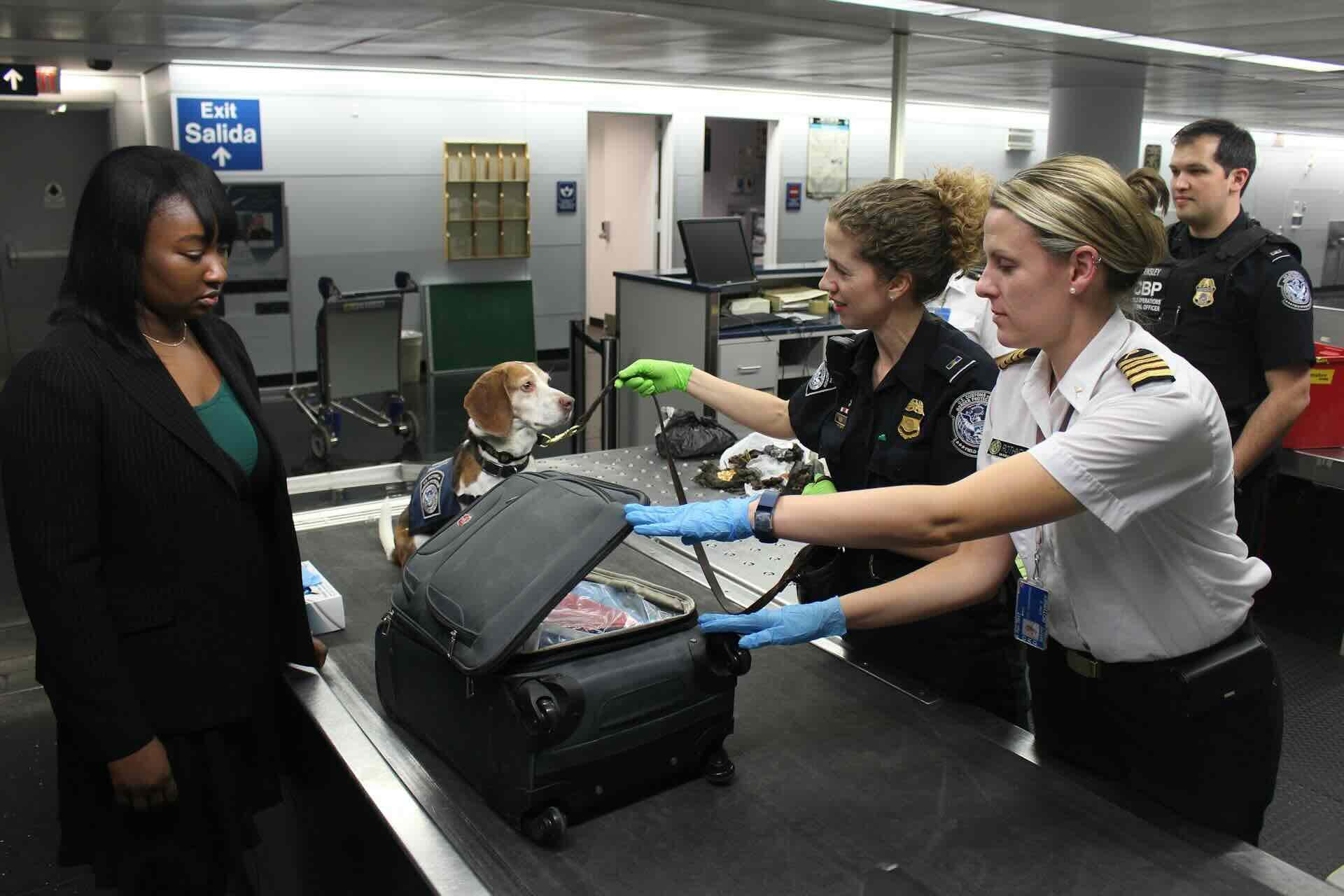 A woman waiting while a TSA agent searches her luggage