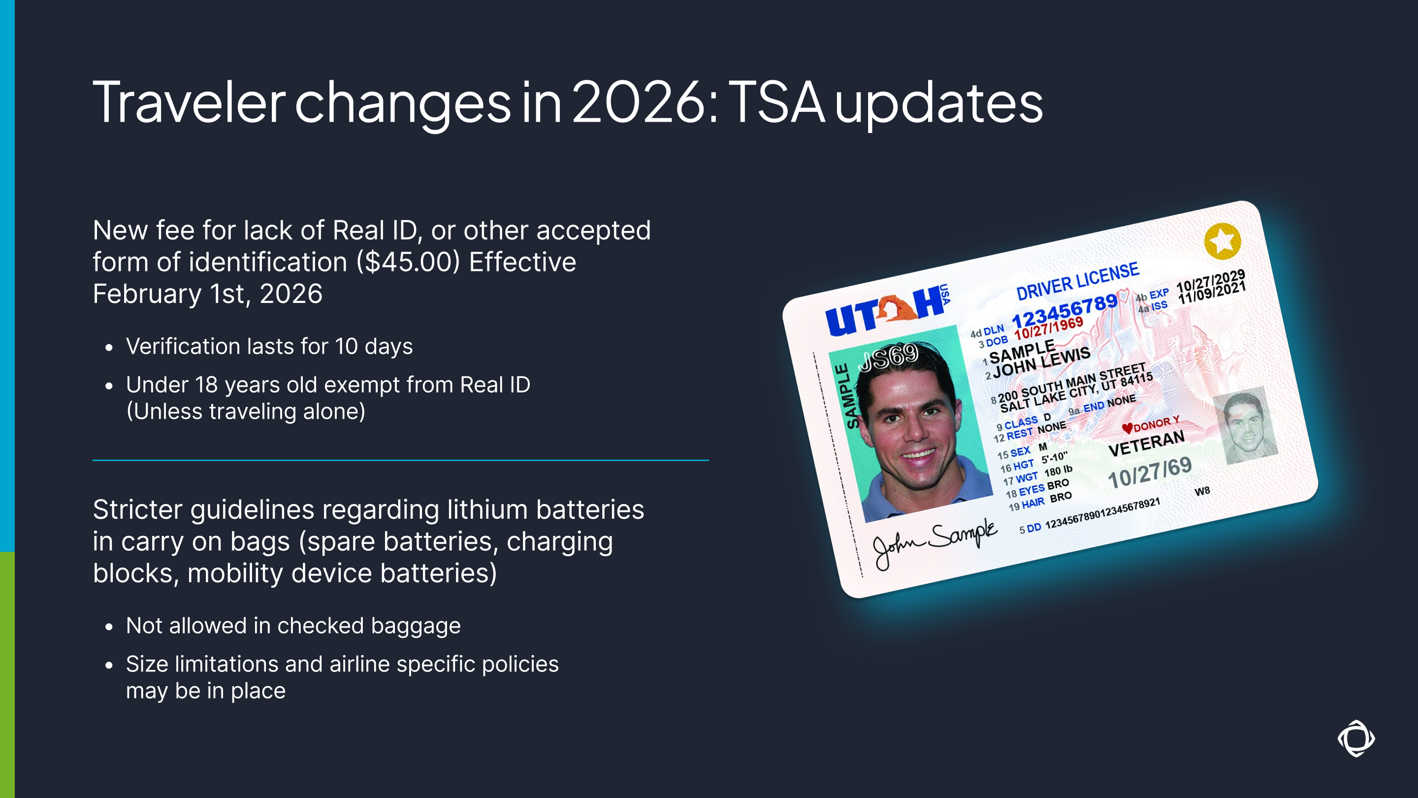 REAL ID noncompliance fees, lithium battery rules