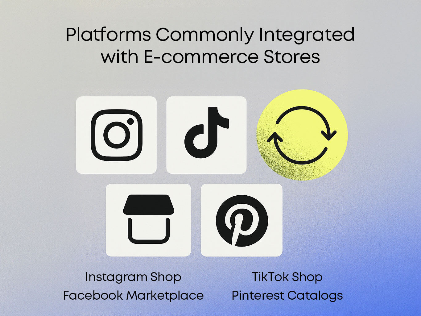 Instagram Shop, TikTok Shop, Facebook Marketplace, Pinterest Catalogs