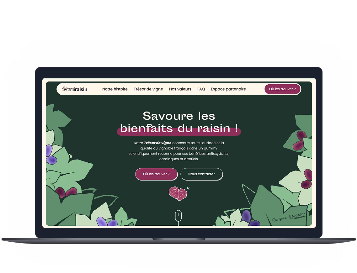Image d'un ordinateur affichant la page d'accueil du site lamiraisin.frfait sur Webflow