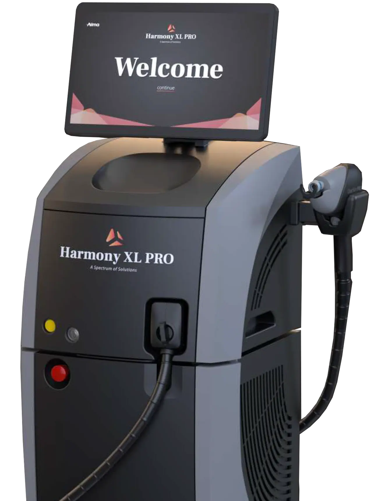Urządzenie Harmony XL PRO z ekranem wyświetlającym powitanie i interfejsem do kontynuacji.