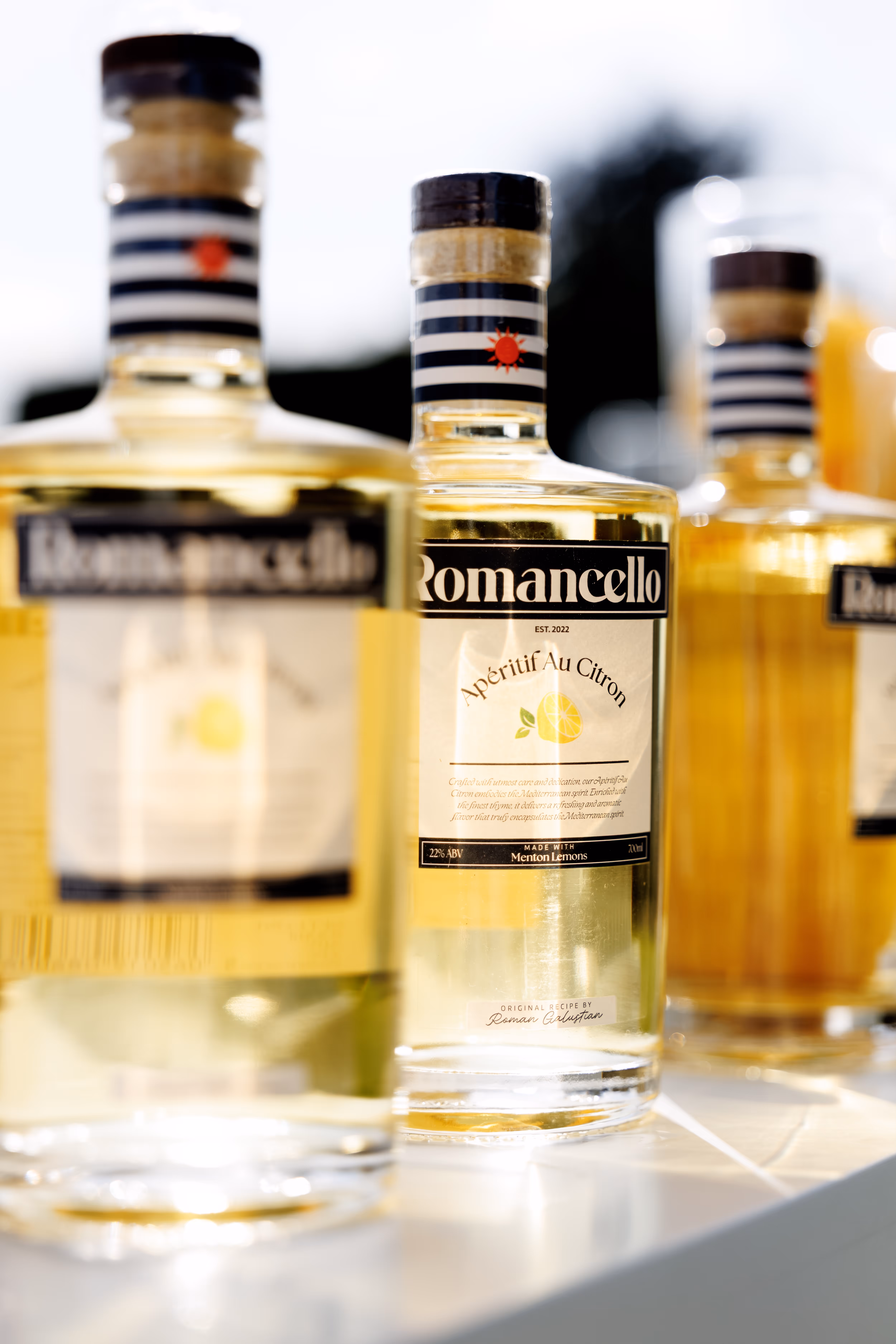 Romancello premium lemon aperitif bottles — made with IGP Menton lemons
