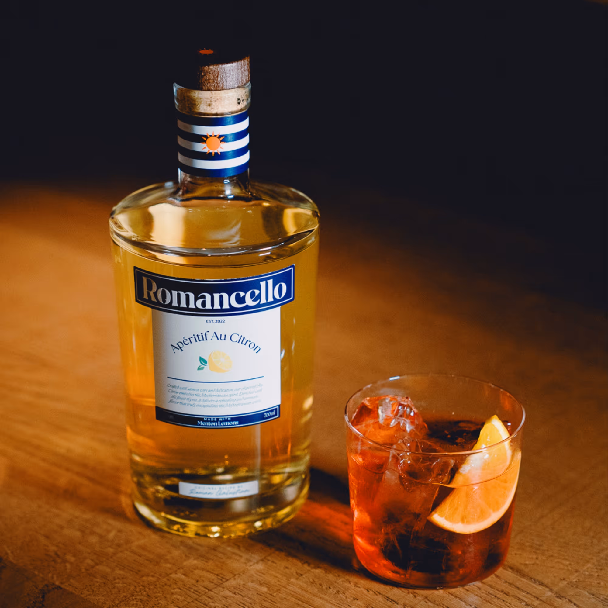 Romancello Negroni — lemon aperitif with Campari and sweet vermouth over ice