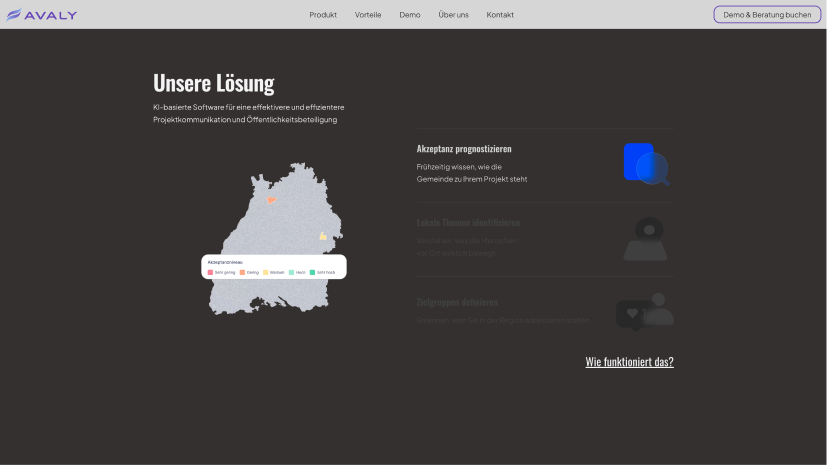Website Abschnitt mit Avaly Logo und Navigation sowie einer Deutschlandkarte, die Akzeptanzwerte für Projekte zeigt, betitelt mit „Unsere Lösung“ und Hinweisen auf KI gestützte Software für Projektkommunikation.