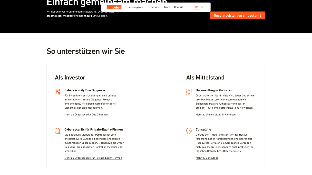 Webseitenabschnitt mit dem Titel „So unterstützen wir Sie“ mit zwei Spalten: „Als Investor“ mit Cybersecurity Due Diligence und Services für Private Equity Firmen sowie „Als Mittelstand“ mit Unconsulting in Kohorten und Beratungsangeboten, jeweils mit Icons und kurzen Beschreibungen auf Deutsch.