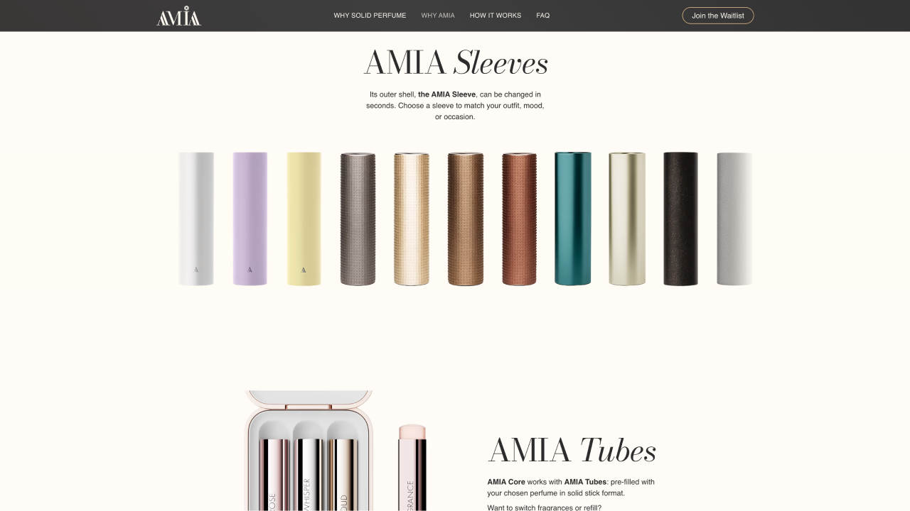 Neun farbenfrohe AMIA Hüllen für festes Parfüm in einer Reihe, die unterschiedliche Texturen und Oberflächen zeigen.