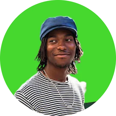 Young man smiling, wearing a blue cap and a black and white striped shirt against a green circular background.