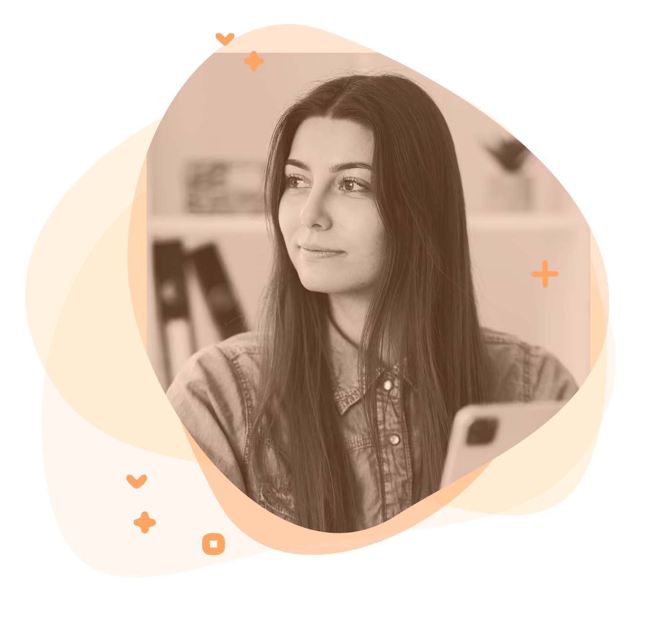 Young woman with long hair wearing a denim jacket, looking thoughtfully to the side while holding a smartphone, with office shelves and books blurred in the background, framed by abstract orange and beige overlays.