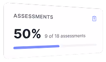 Assessment progress card showing 50% completion, with 9 of 18 assessments done and a partially filled progress bar below.