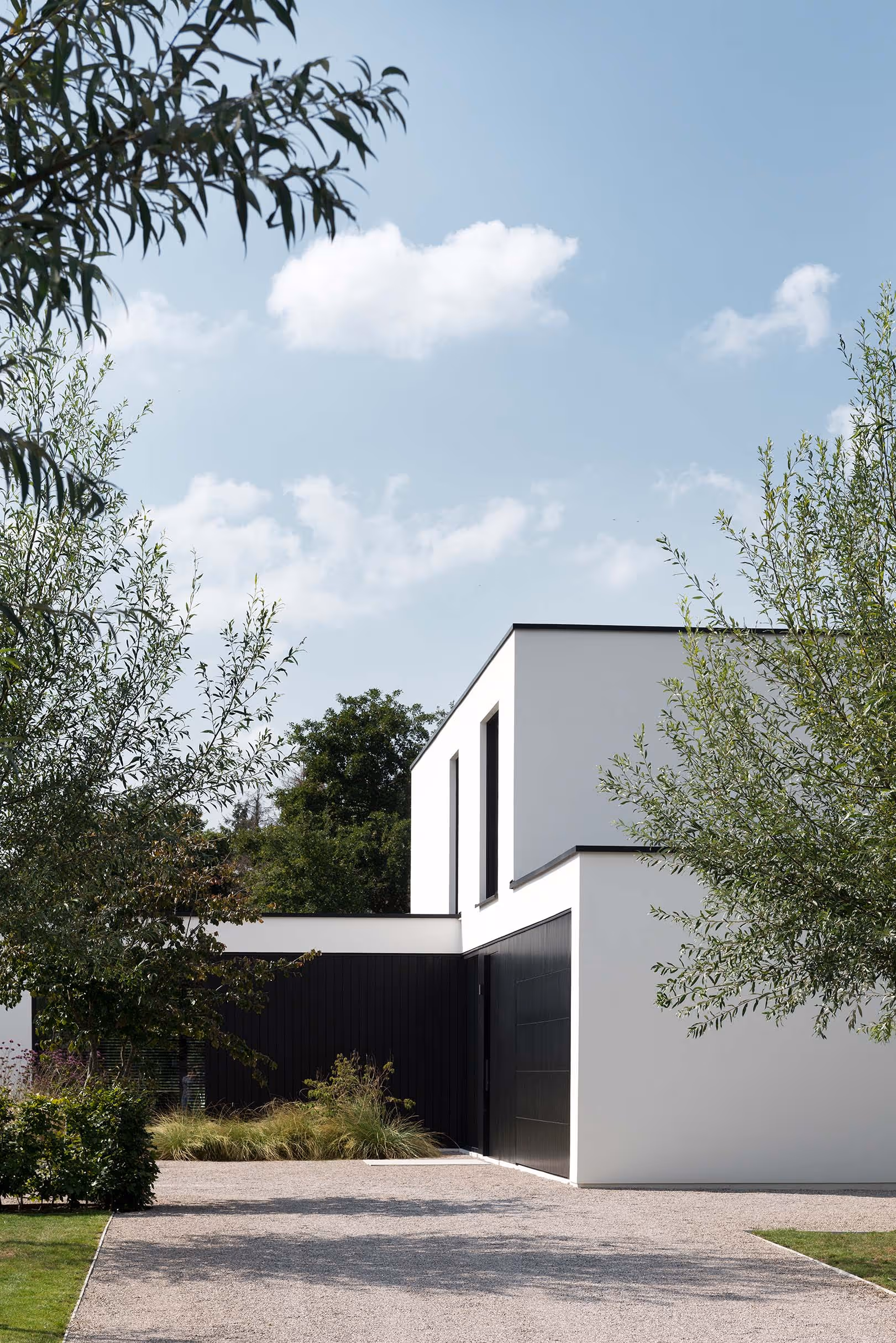 Minimalist house with clean lines amidst green landscaping