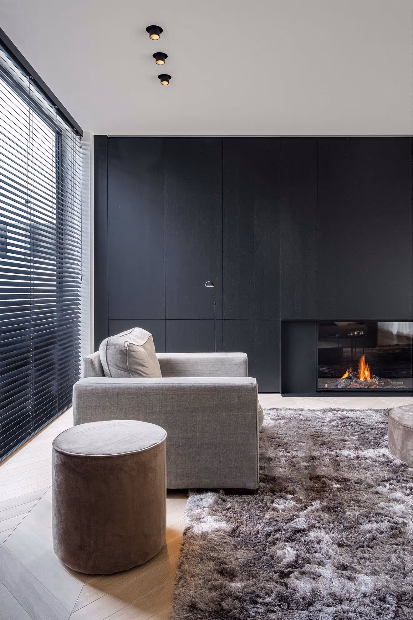 Stijlvolle woonkamer met ingebouwde boekenkast en open haard