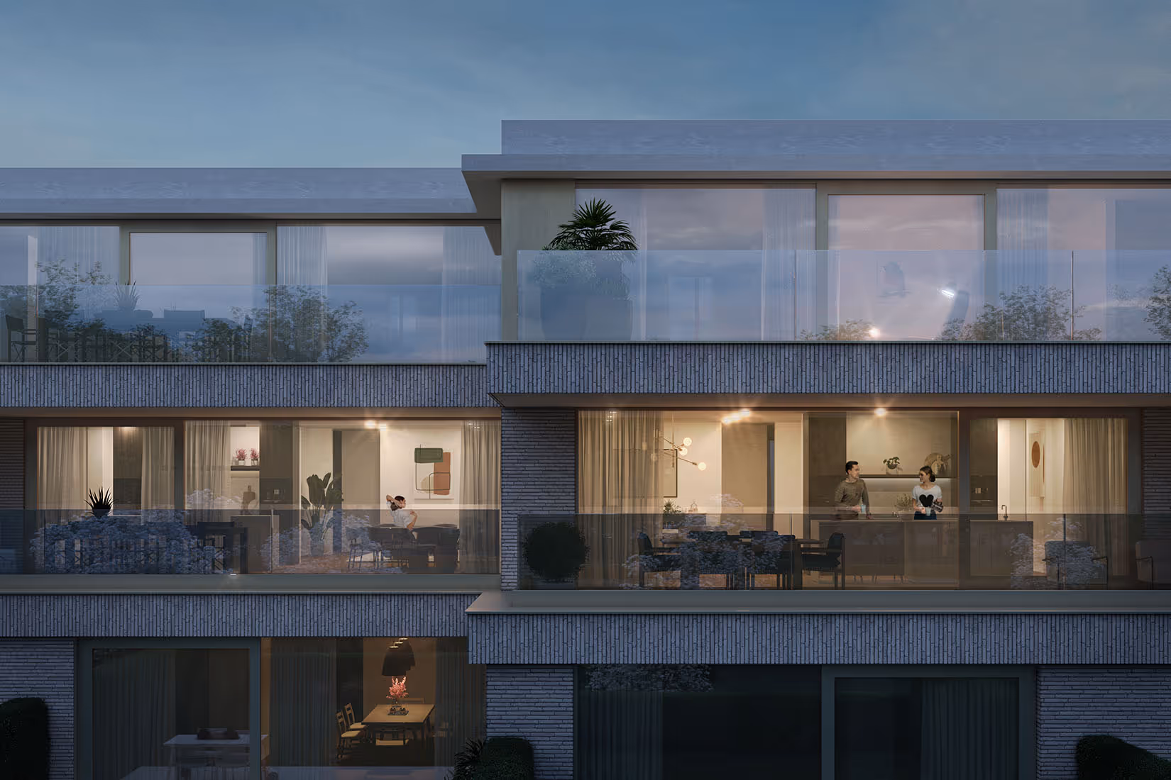 Interieurzicht van een modern, goed verlicht wooncomplex 's nachts met zichtbare bewoners en chique decor.