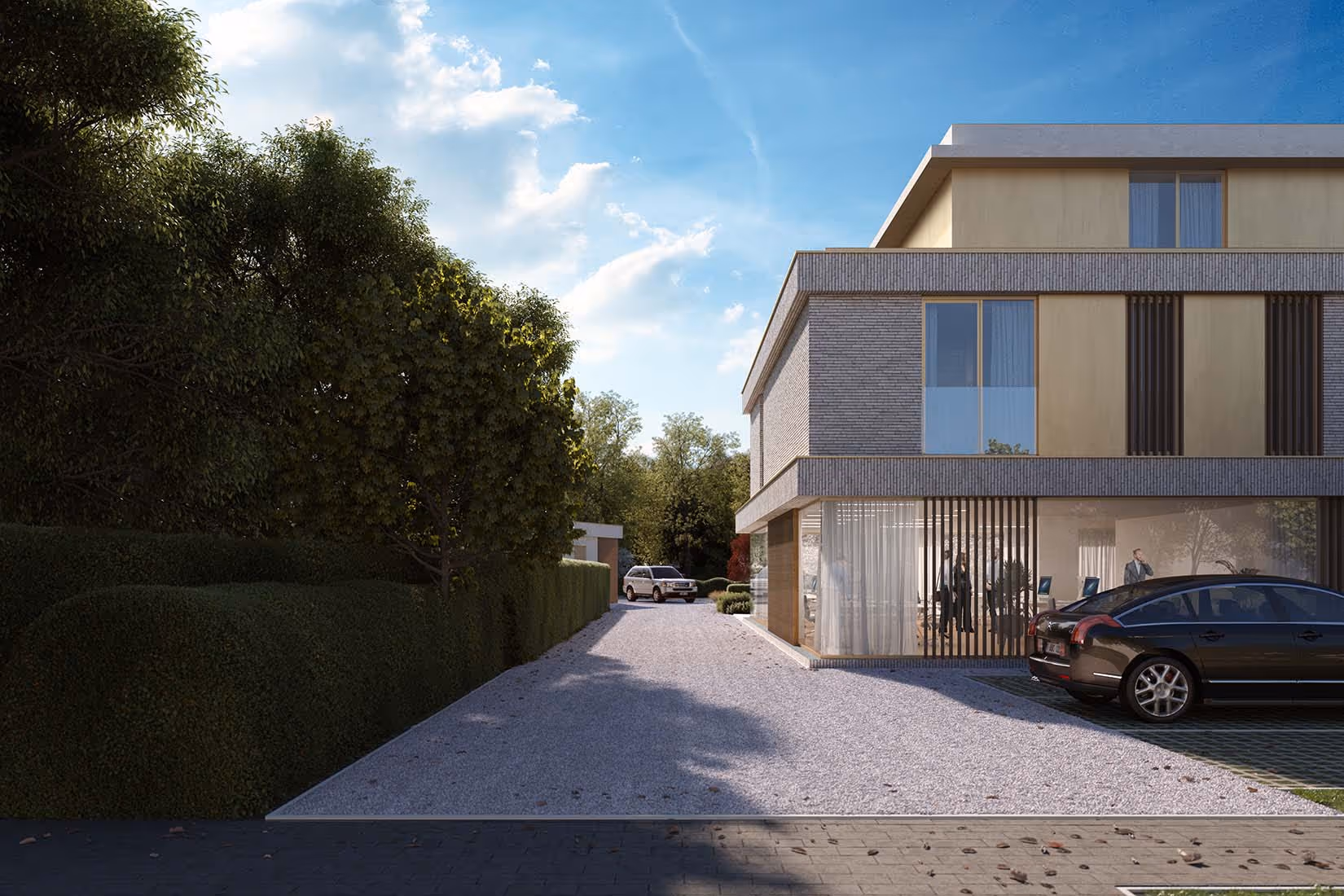 Modern huis met een gestructureerde gevel, omgeven door weelderig groen en geparkeerde auto's op een heldere dag.