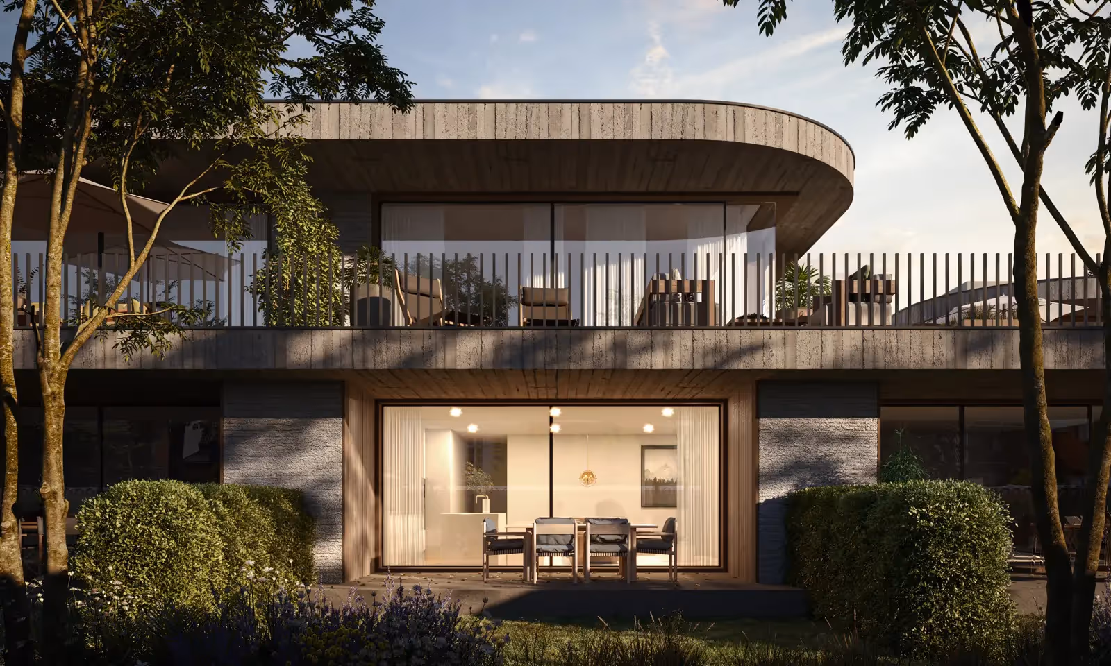 Hedendaagse architectuur, wit gevelhuis met houten accenten bij nacht, verlichte ramen.