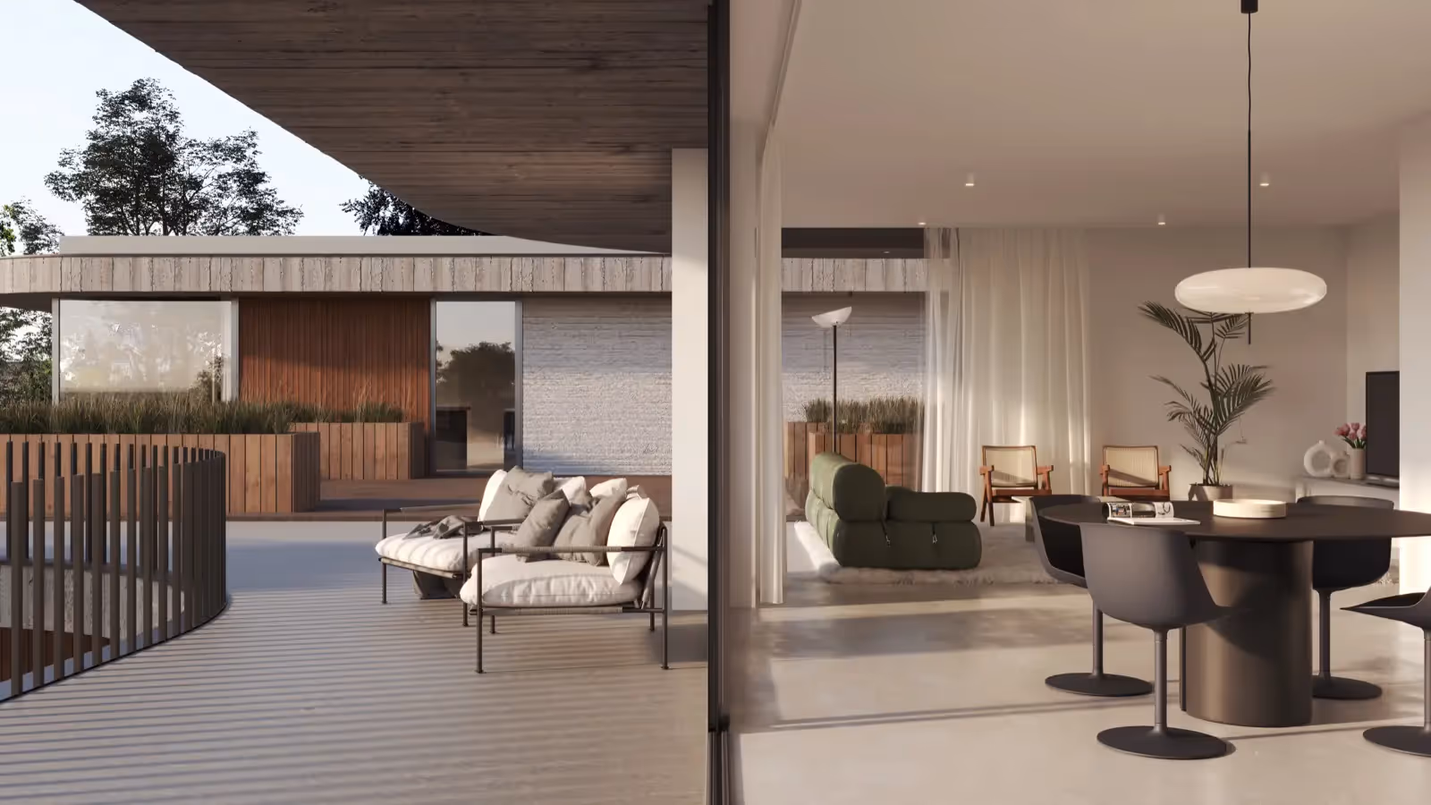 Eigentijdse eetkamer en lounge met designmeubilair en grote ramen die uitkijken op het terras.