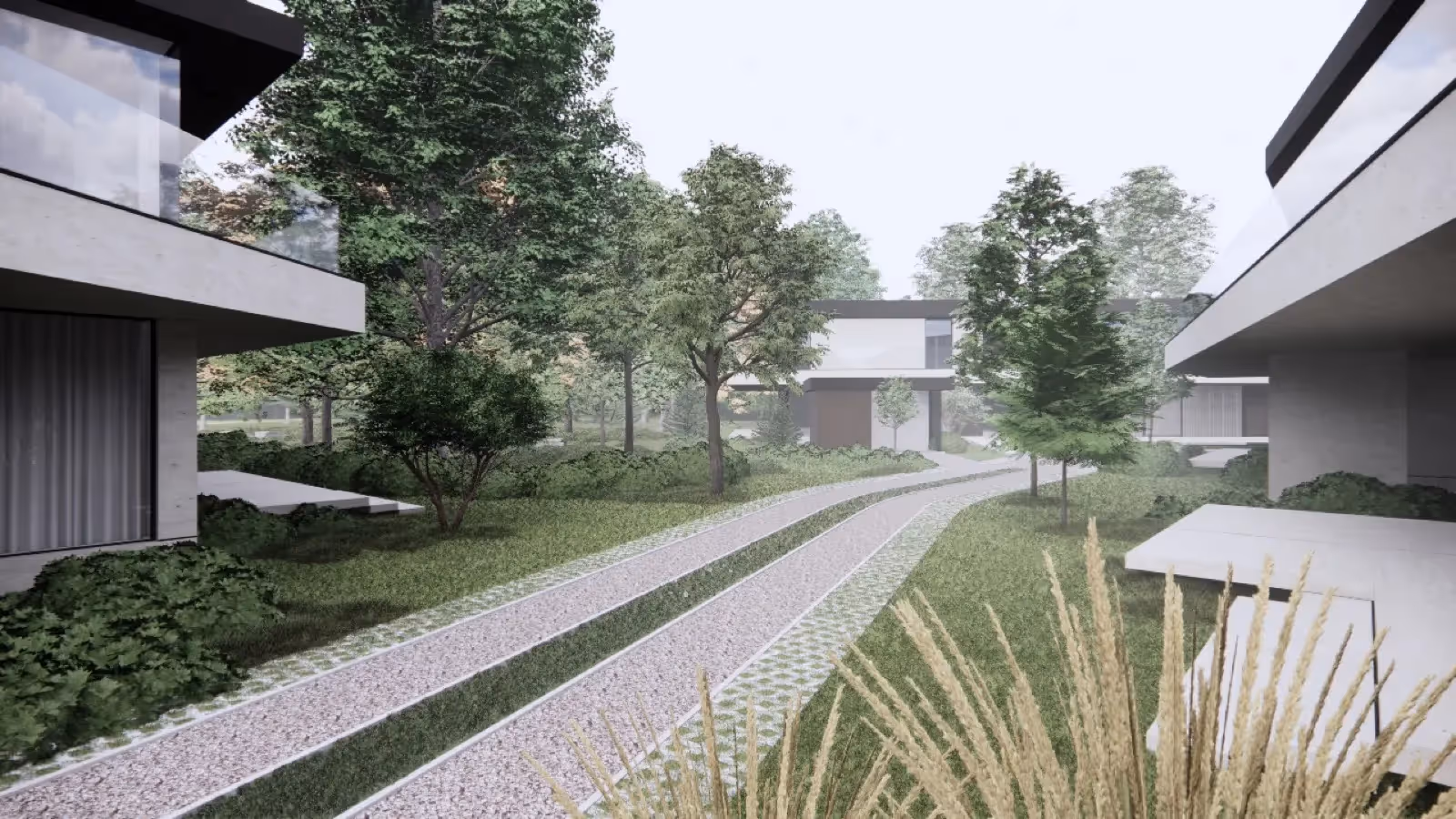 Architecturale weergave van een modern wooncomplex met een kasseienpad en dichte groene beplanting.