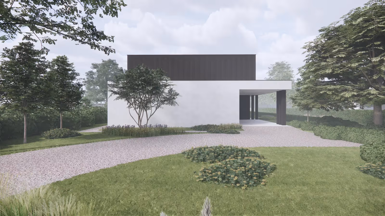 Minimalistische moderne villa met overhangende verdiepingen en zuilen, omringd door een aangelegde tuin en grindpaden.