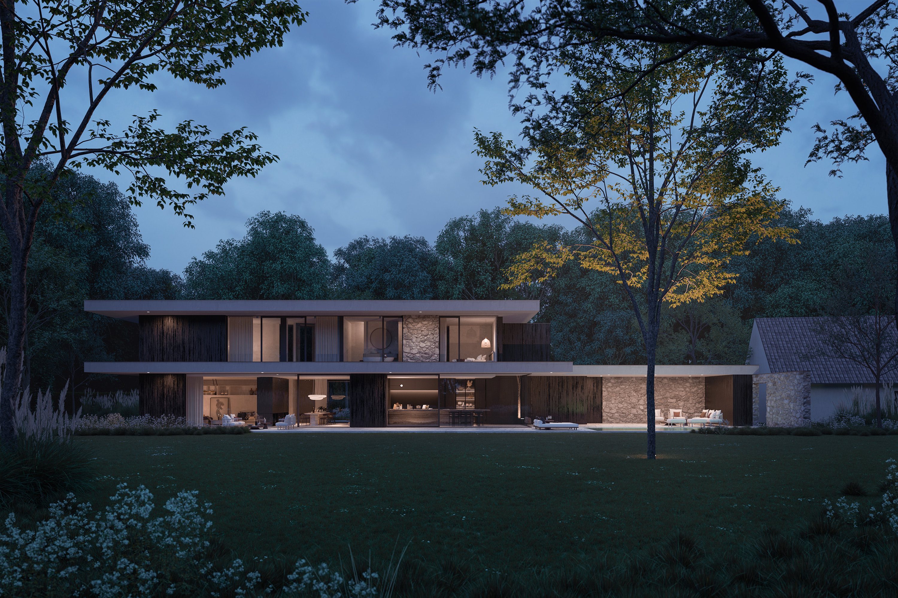 Eigentijdse villa met platte daken, een strak zwembad, en ontspanningsruimtes, geïntegreerd in een serene, natuurlijke landschapsomgeving.