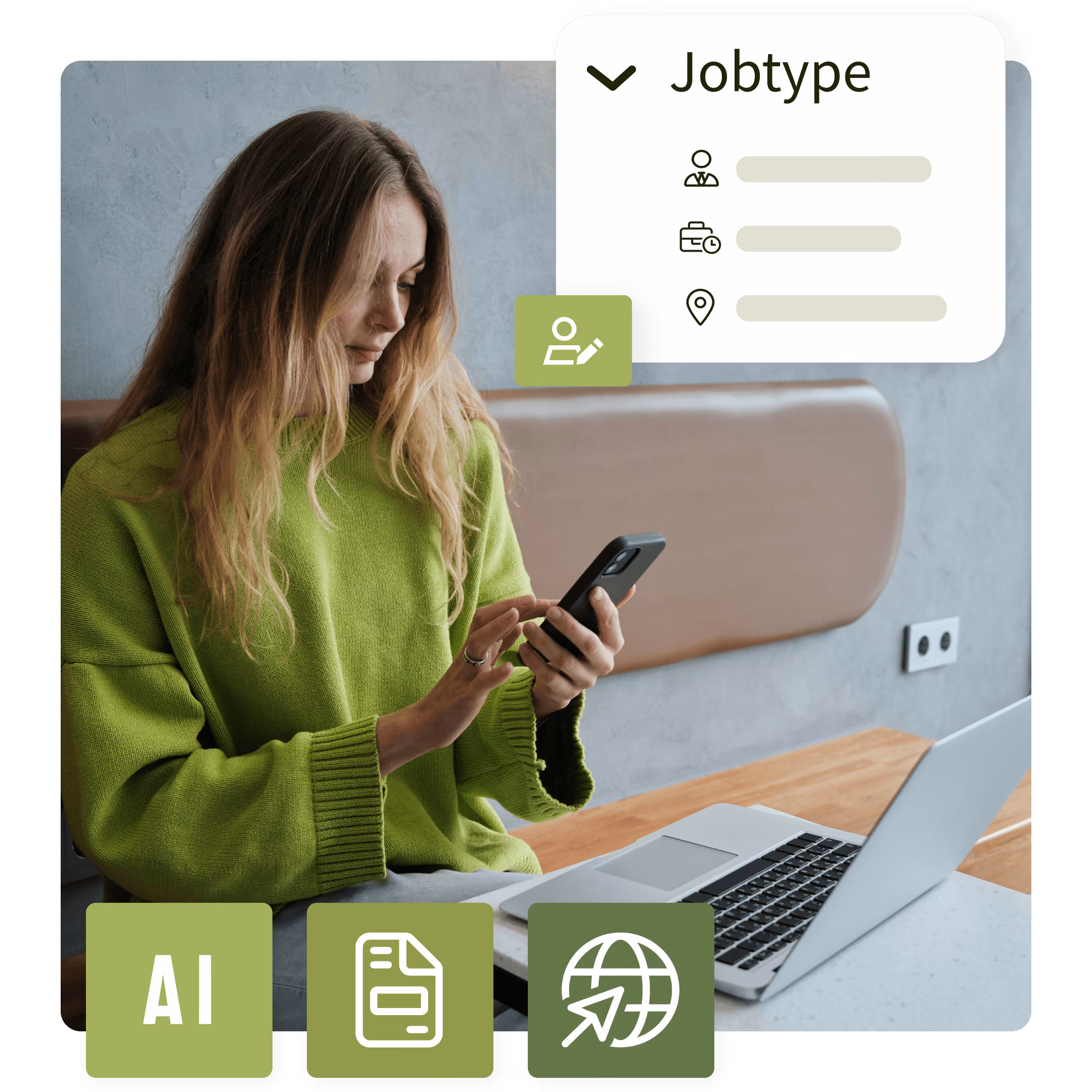 Grafik der viser opsætning af en jobtype i Mindkeys rekrutteringsmodul, med indikation af AI-funktioner, rapporter og direkte integration med virksomhedens hjemmeside.