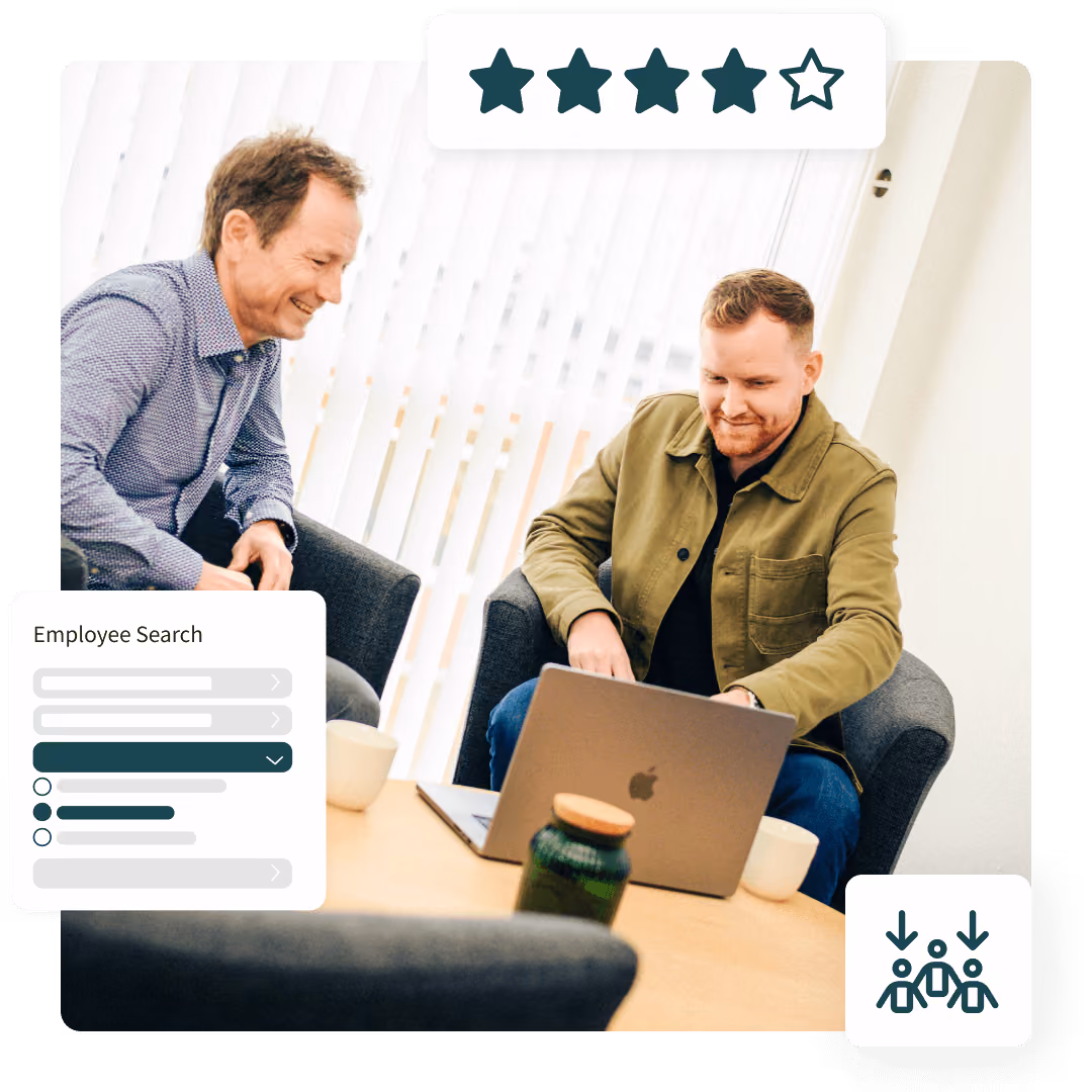 Graphic showing the recruitment page in Mindkey with features for candidate search and ratings.