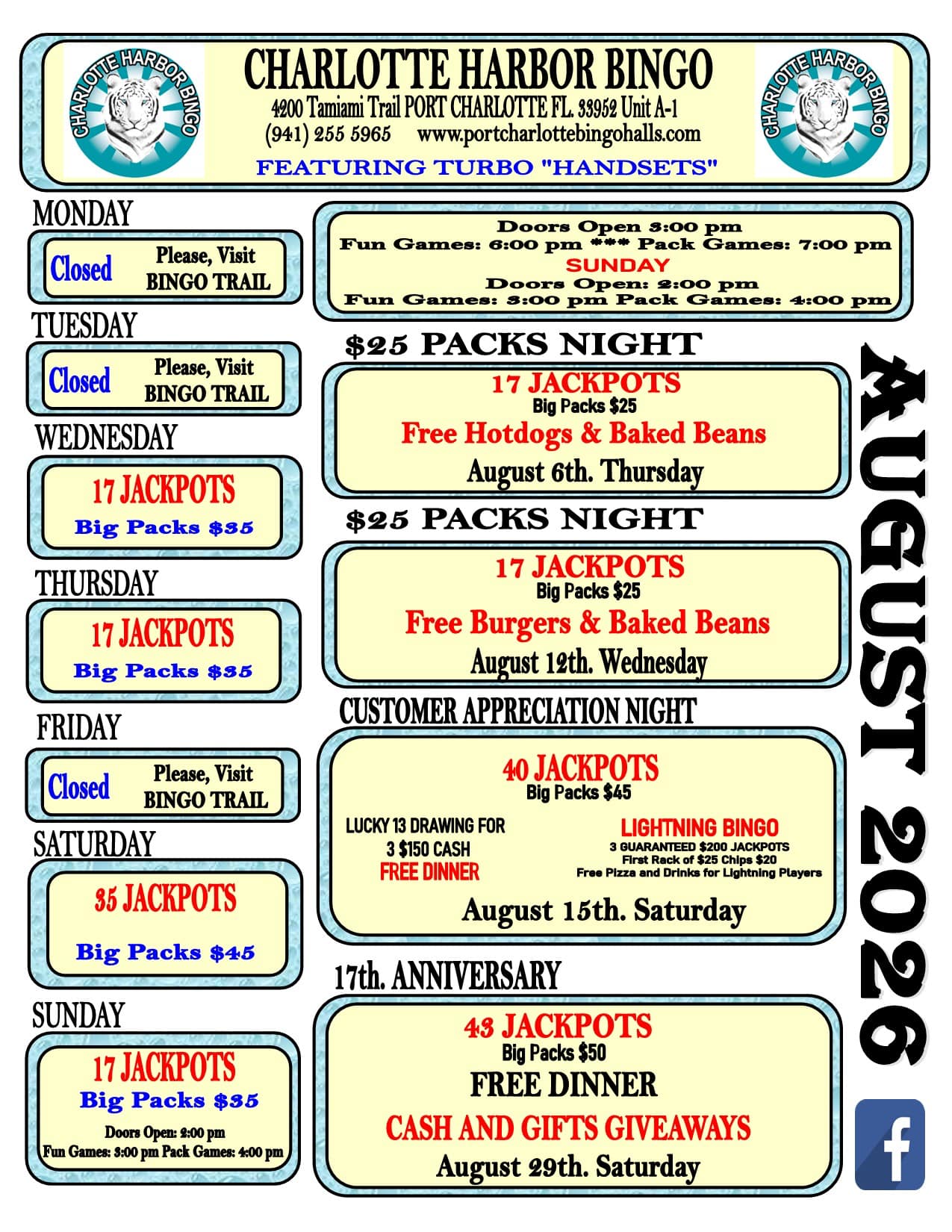 Image of Specials for the month of August at Charlotte Harbor Bingo
