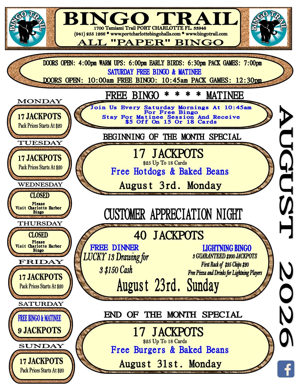 Image of Specials for the month of August at The Bingo Trail