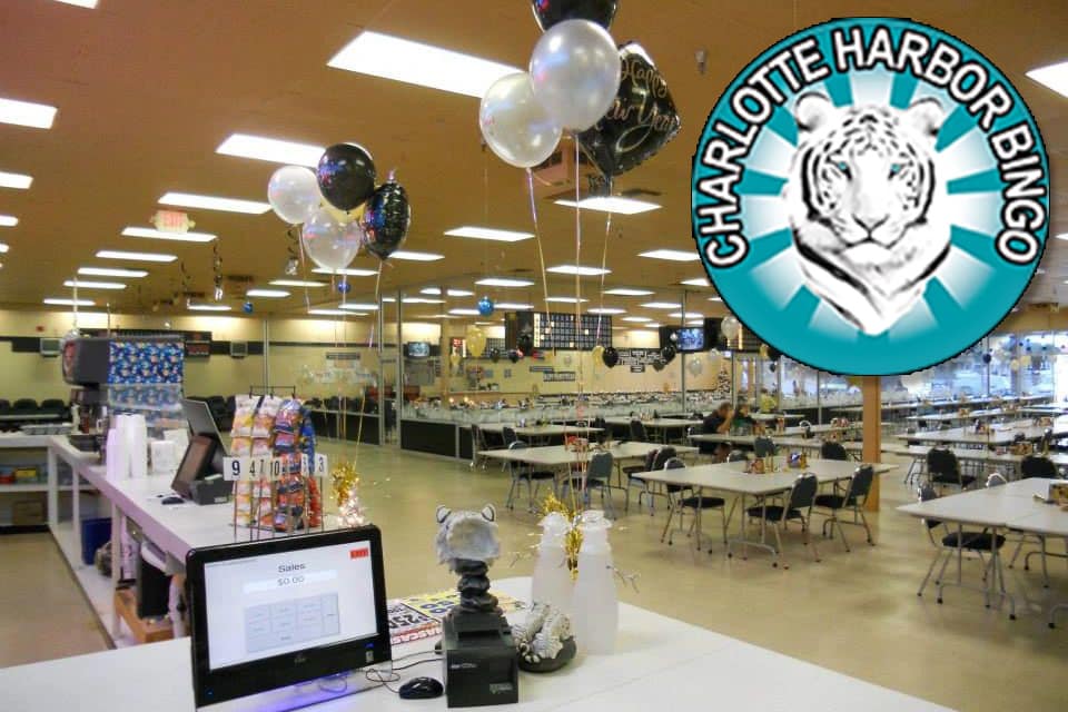 Picture of inside Charlotte Harbor Bingo with the company logo.