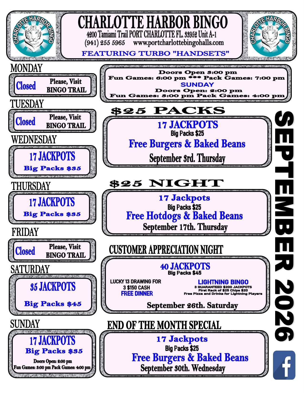 Charlotte Harbor Bingo Monthly Specials for September 2026