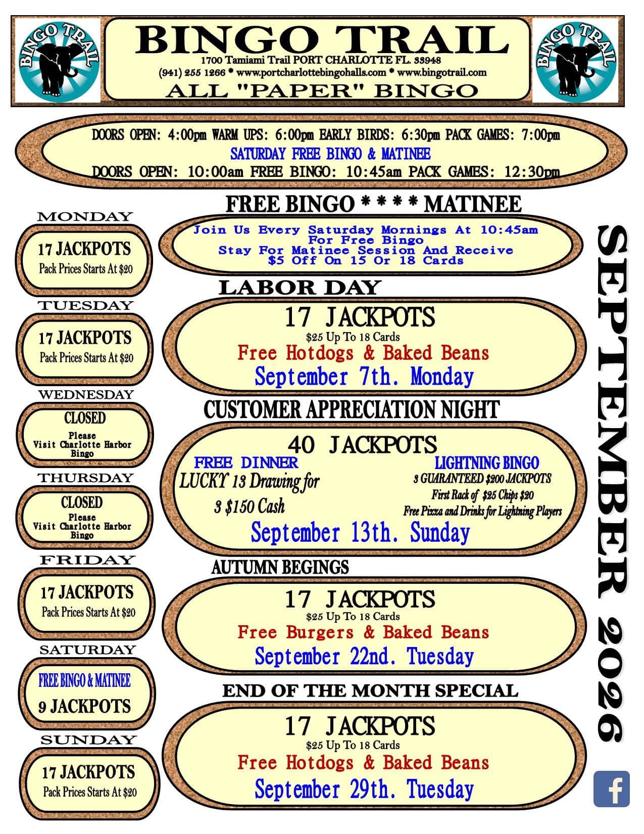 Bingo Trail Monthly Specials for September 2026